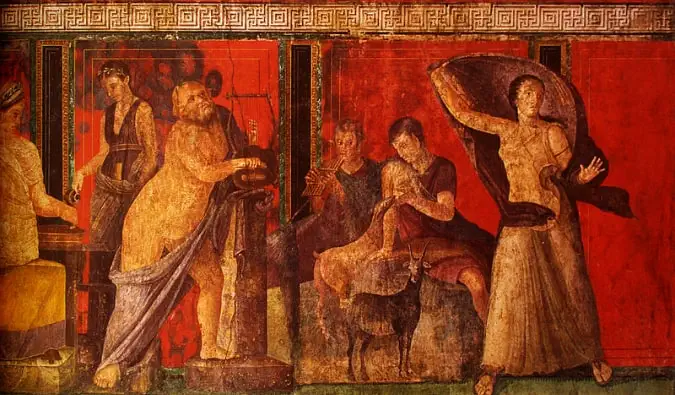 En färgglad fresk från mysteriernas villa i Pompeji, Italien