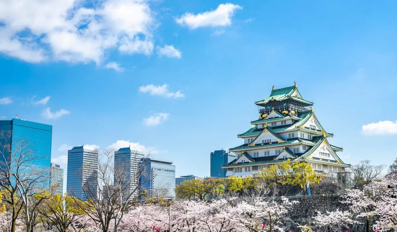 det historiske Osaka Slot i Osaka Japan tårner sig op over byen på en solrig sommerdag