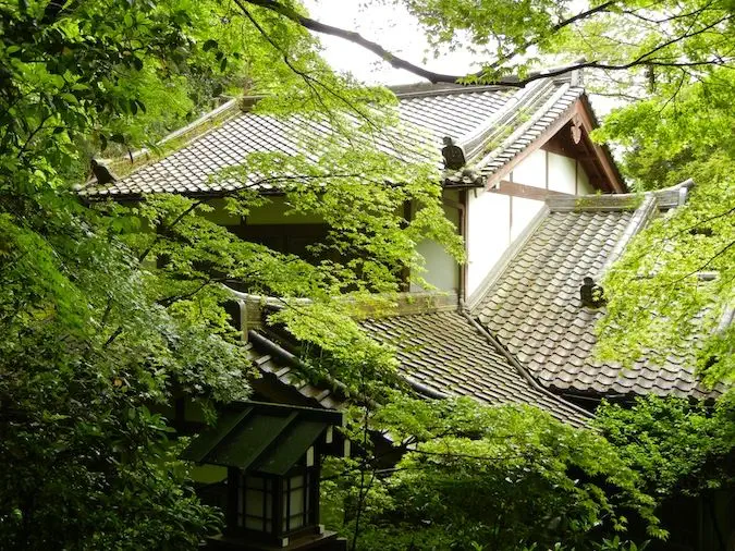 Chorakuji-Tempel in Kyoto, Japan, verdeckt von üppigen grünen Bäumen