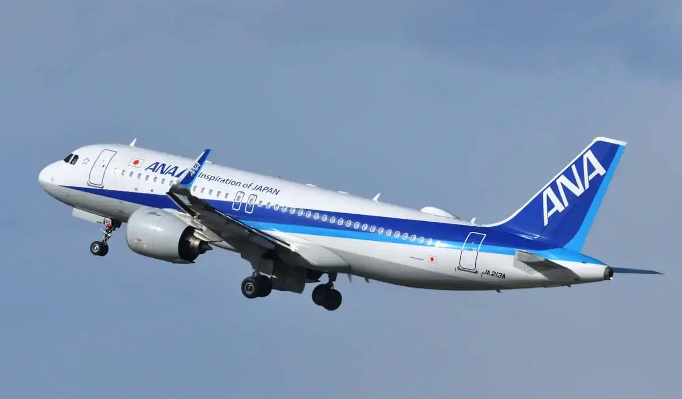 Un avion volant dans le ciel avec le logo d'ANA, une grande compagnie aérienne au Japon