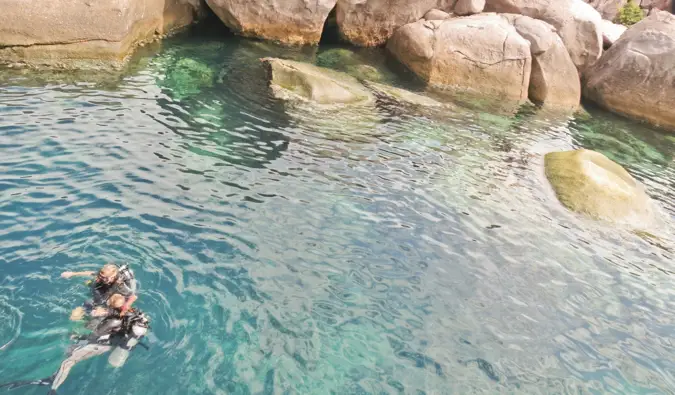 Alex di Wanderland menyelam di air bersama sekelompok temannya di dekat Koh Tao, Thailand