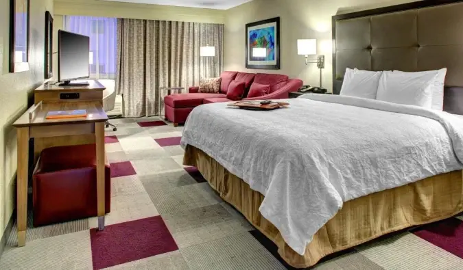 Kamar hotel dasar dengan tempat tidur berukuran queen, didekorasi dengan warna abu-abu dan ungu di Hampton Inn Miami-Coconut Grove/Coral Gables