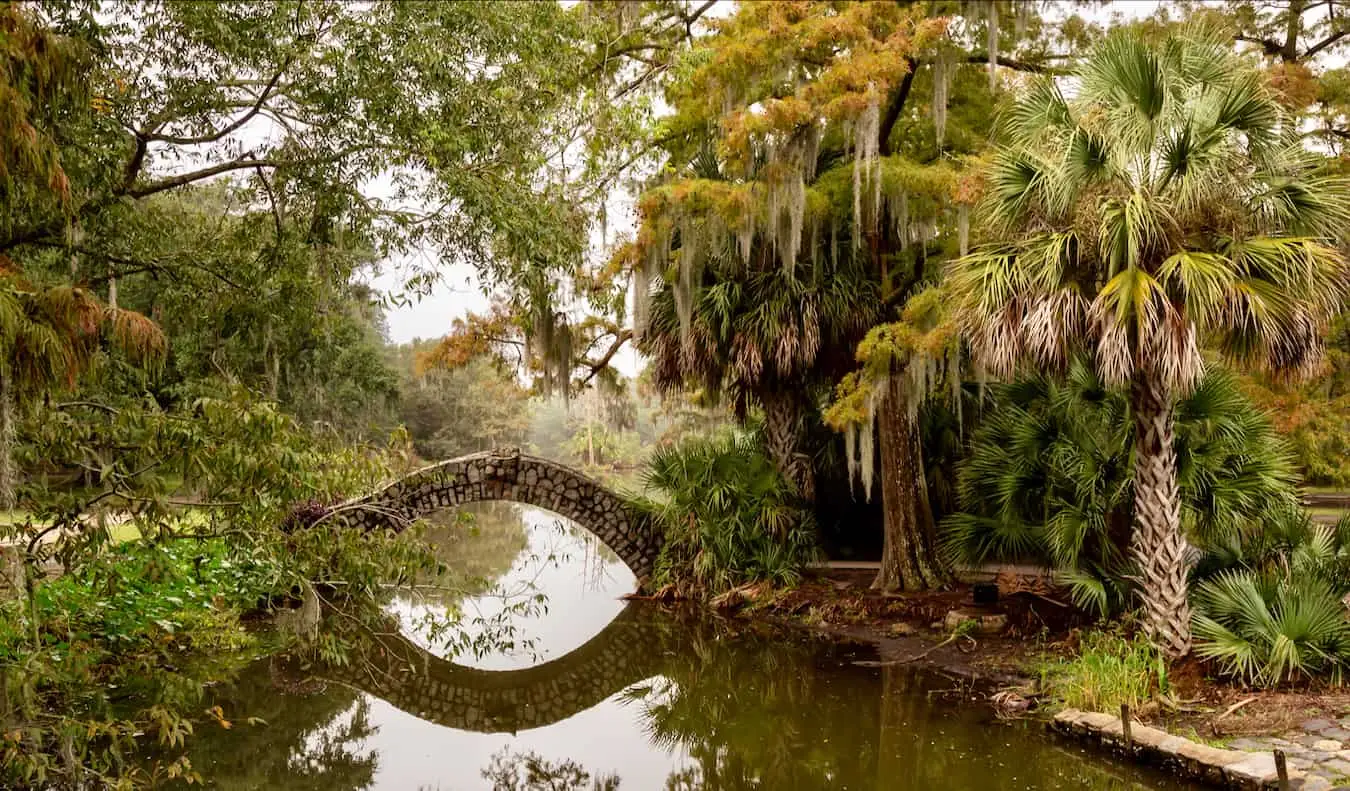 Un vell pont sobre l'aigua a la vegetació exuberant del City Park, NOLA