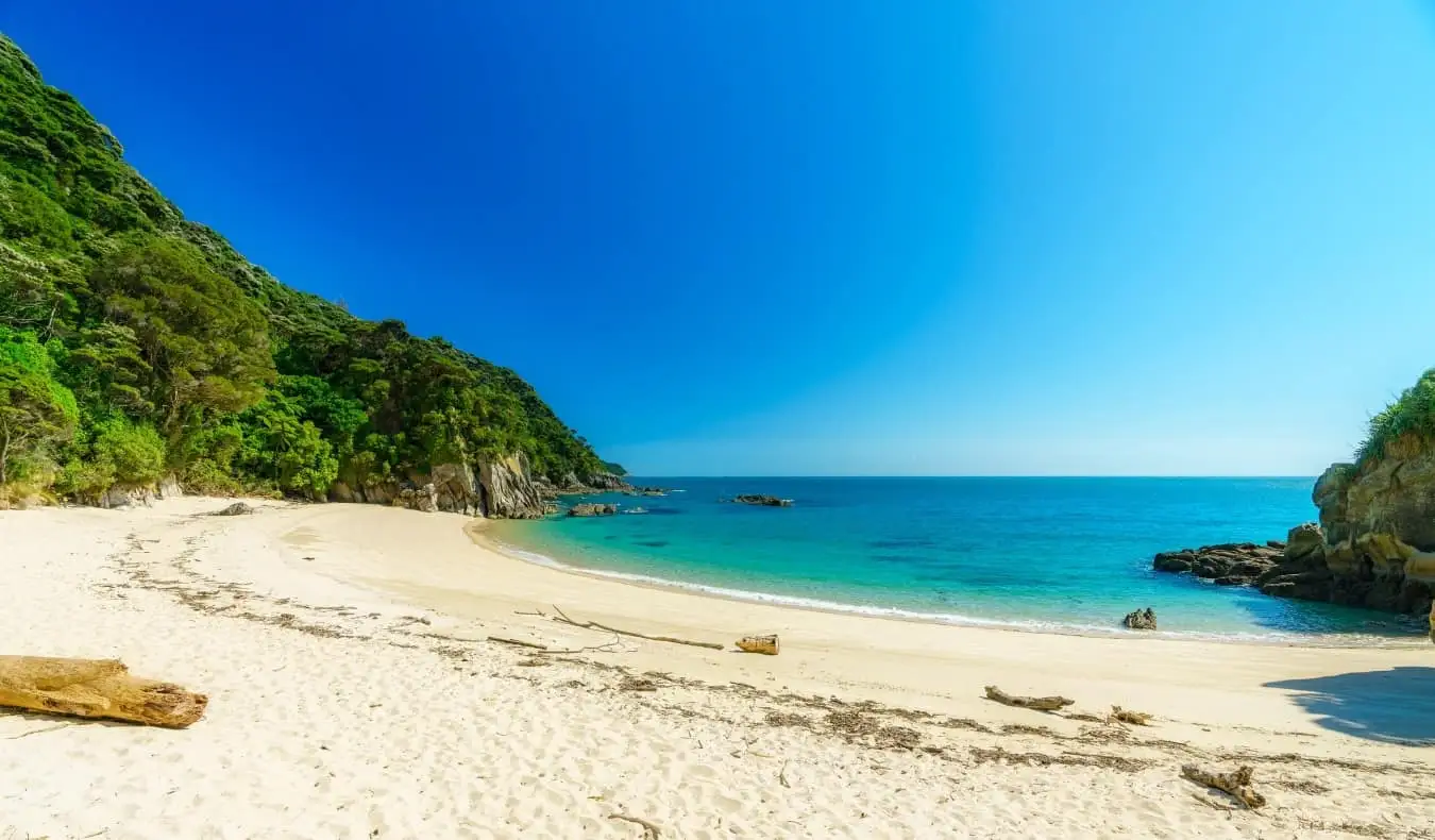 Pantai berpasir dan perairan biru terang Taman Negara Abel Tasman di New Zealand