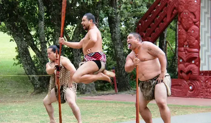 Des guerriers maoris font un spectacle en Nouvelle-Zélande