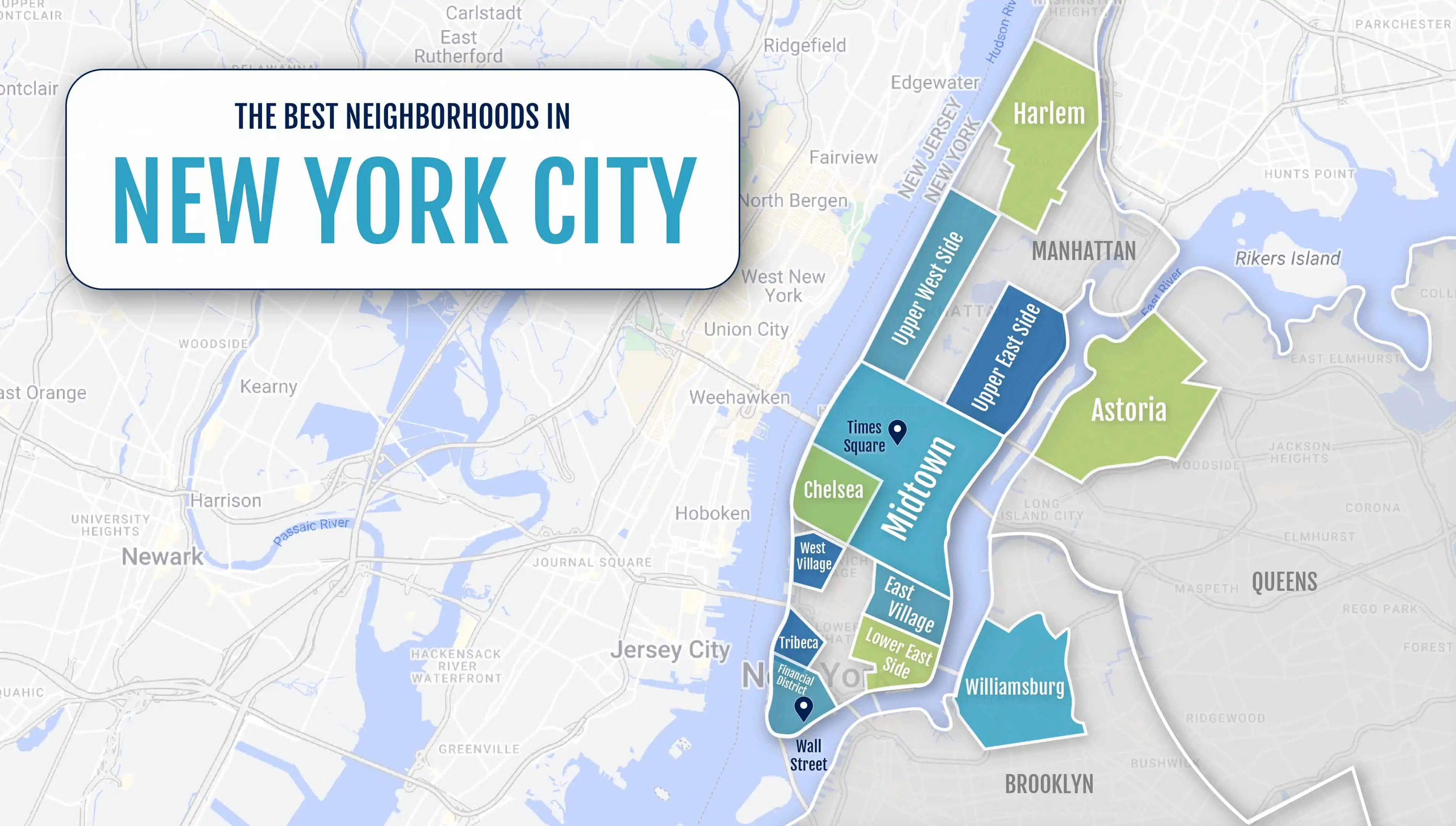 Farebná mapa štvrtí v NYC, USA