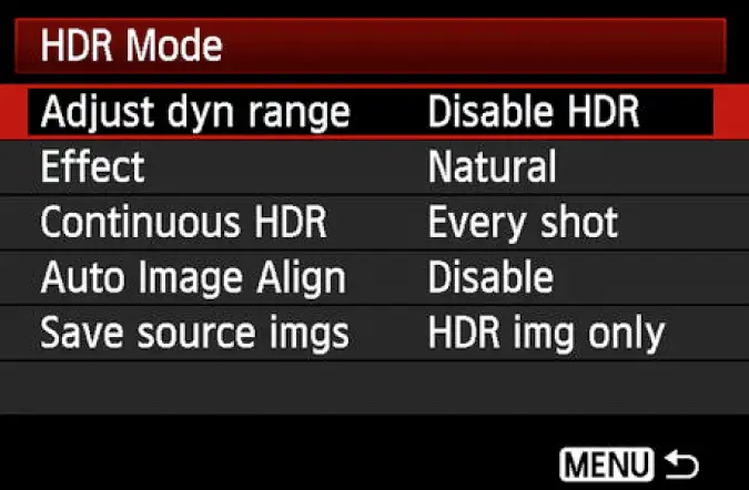 Opzioni del menu della modalità HDR su un GoPro Hero