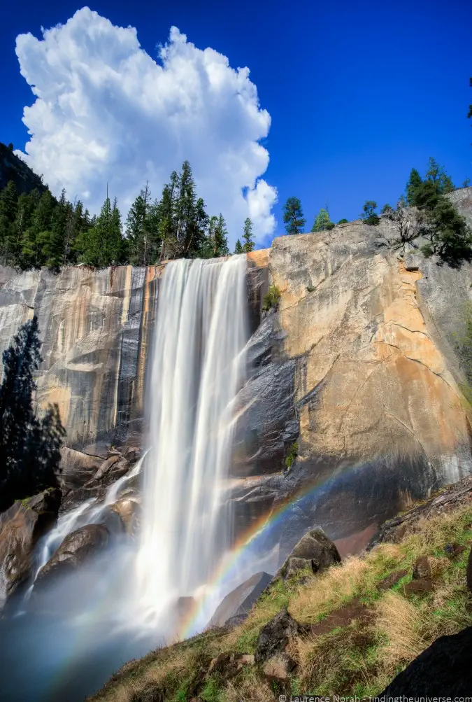 Lélegzetelállító fotó a tavaszi vízesésről és a szivárványról a Yosemite Nemzeti Parkban, USA