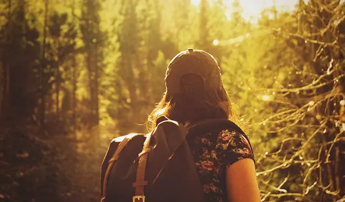 Uma viajante solitária caminhando na floresta