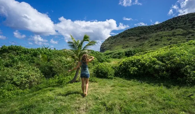 独自女性在郁郁葱葱的绿色丛林中徒步旅行