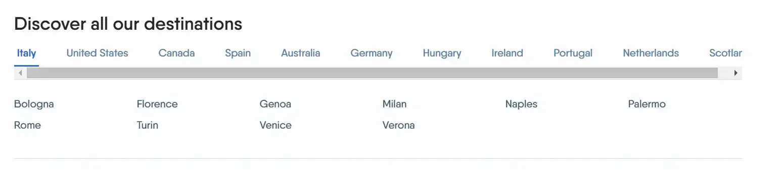 Et skjermbilde av nettstedet for Around, som viser de forskjellige lydturene som tilbys på tvers av byer i Italia