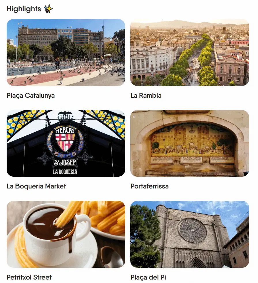 Een screenshot op de Around-website met foto's van hoogtepunten die je tijdens de Barcelona-tour zou zien