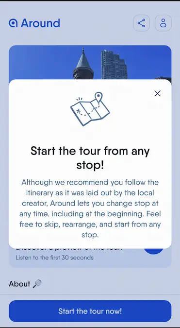 En skärmdump av Around audio tour-appen