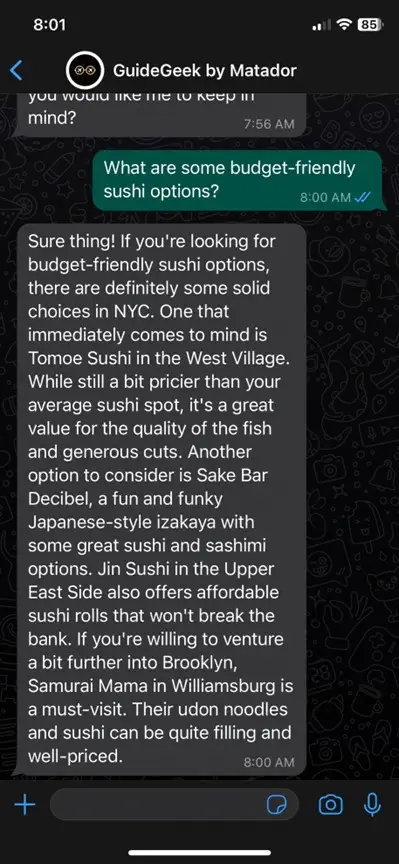 screenshot della chat di Whatsapp con il pianificatore di viaggio Guidegeek AI