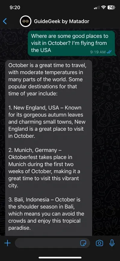 skjermbilde av Whatsapp-chat med Guidegeek AI reiseplanlegger
