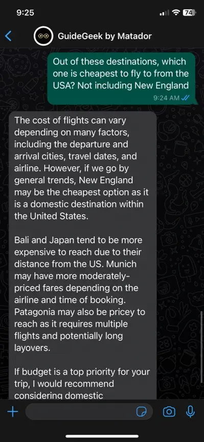 screenshot ng Whatsapp chat sa Guidegeek AI travel planner