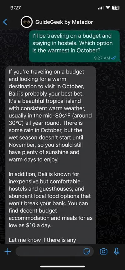 Guidegeek AI 旅行プランナーとの Whatsapp チャットのスクリーンショット