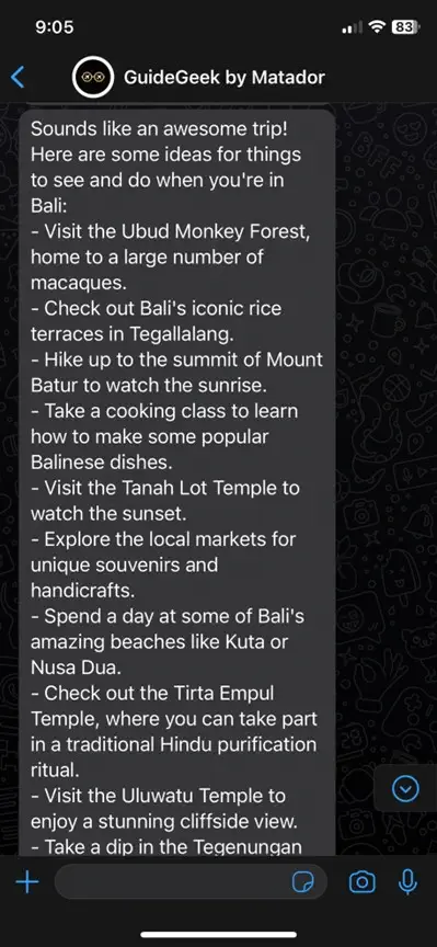 captura de pantalla del xat de Whatsapp amb el planificador de viatges Guidegeek AI