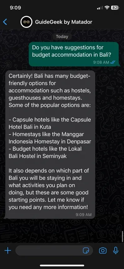 screenshot della chat di Whatsapp con il pianificatore di viaggio Guidegeek AI