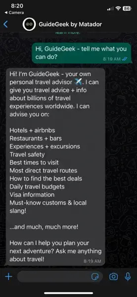 captura de tela do bate-papo do Whatsapp com o planejador de viagens Guidegeek AI