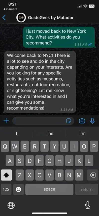 skærmbillede af Whatsapp-chat med Guidegeek AI rejseplanlægger