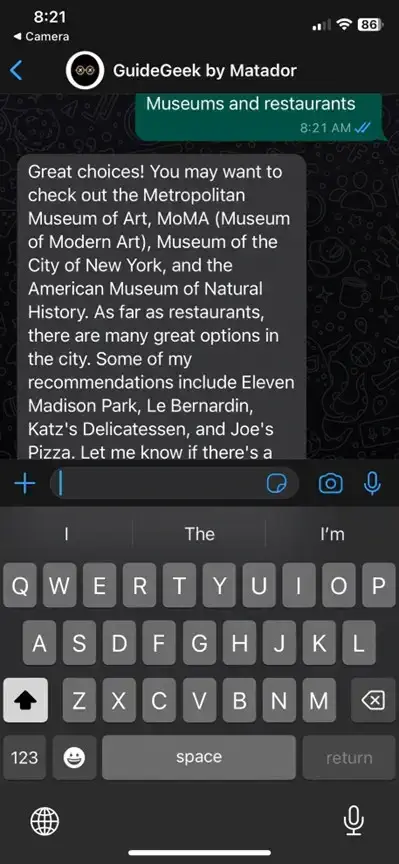kuvakaappaus Whatsapp-chatista Guidegeek AI -matkasuunnittelijan kanssa