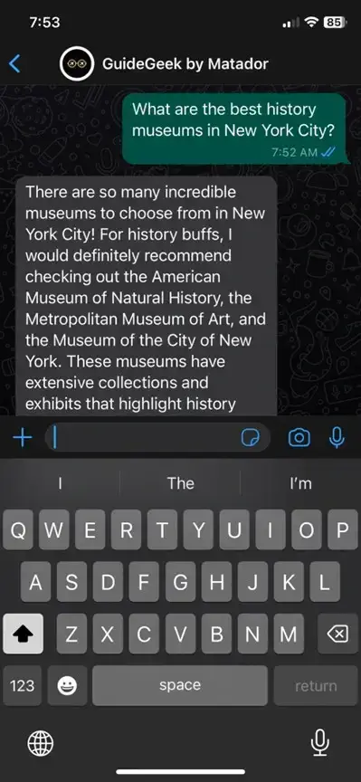 skjermbilde av Whatsapp-chat med Guidegeek AI reiseplanlegger
