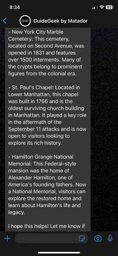 screenshot van Whatsapp-chat met Guidegeek AI-reisplanner