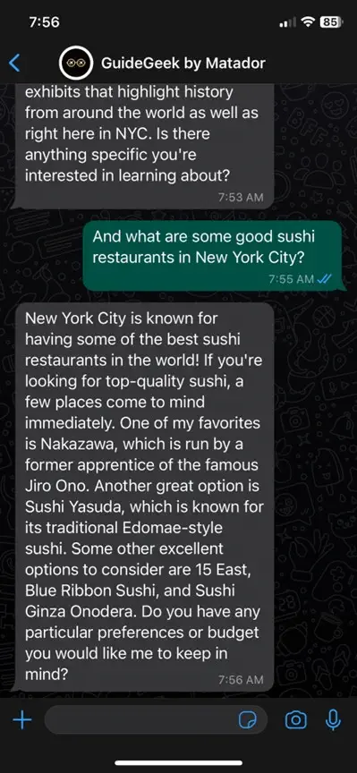 skærmbillede af Whatsapp-chat med Guidegeek AI rejseplanlægger