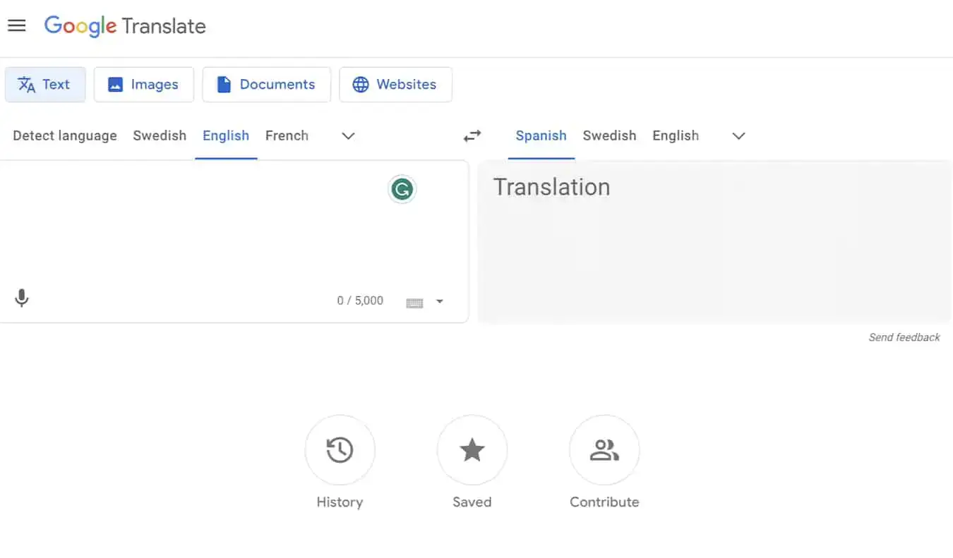 Η αρχική σελίδα της εφαρμογής Google Translate, μια δημοφιλής ταξιδιωτική εφαρμογή