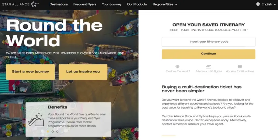 Startsiden for Star Alliance RTW-billetbestilling