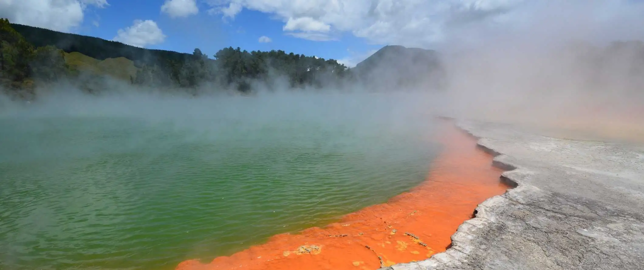 Debesuotos turkio spalvos karštosios versmės su iš jų kylančiais garais Rotorua, Naujoji Zelandija.