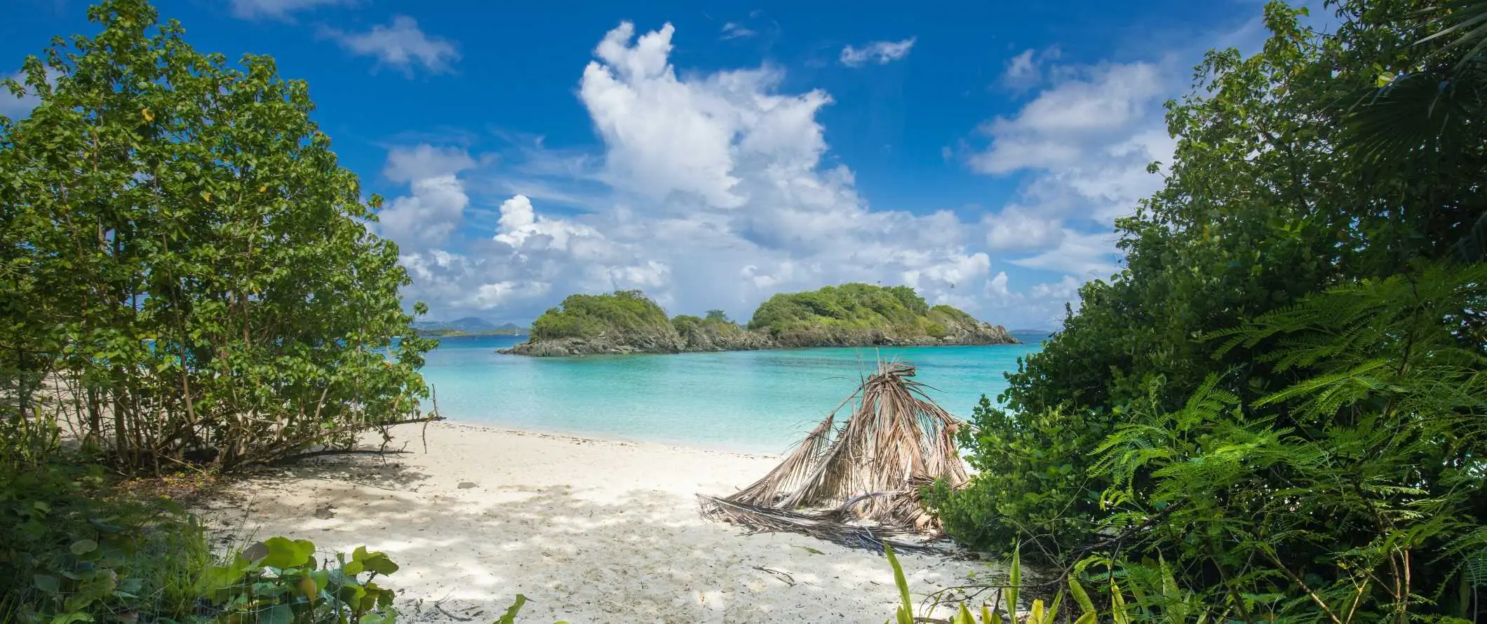 Vista de uma praia de areia branca e de uma pequena ilha à distância na ilha de Saint John, USVI