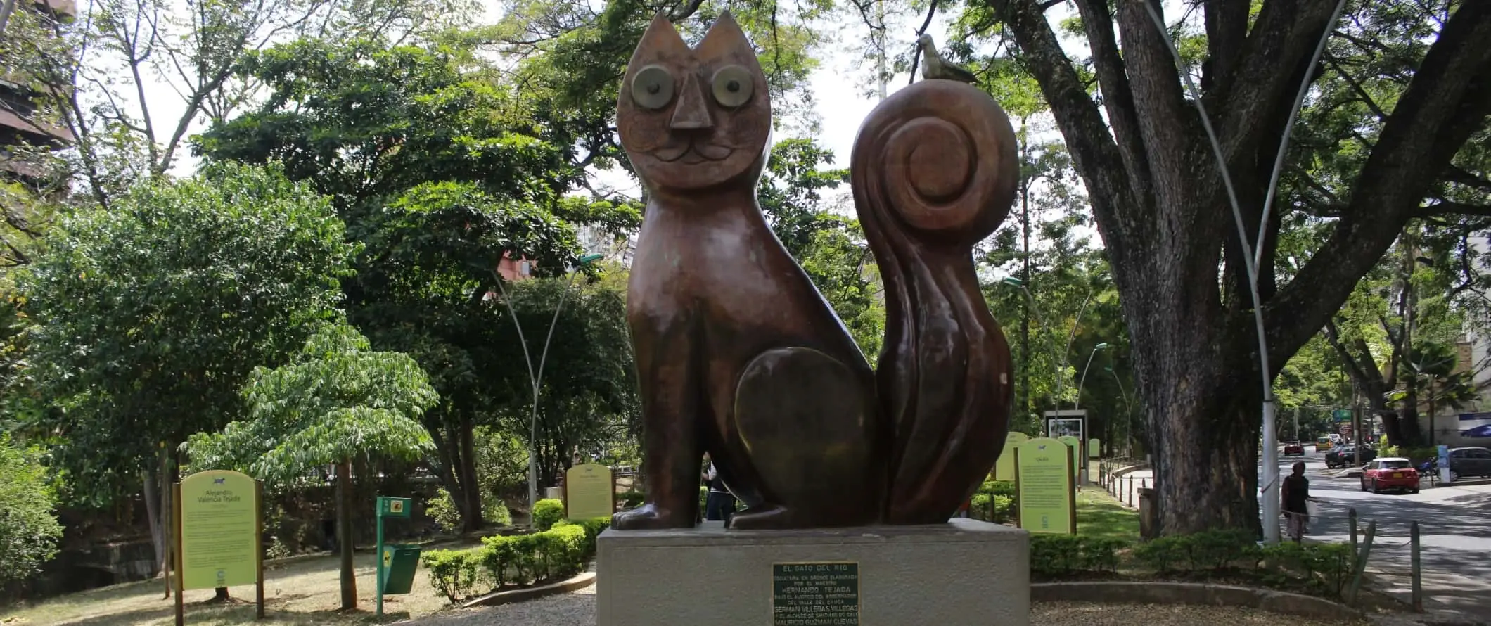 Het enorme bronzen beeld van een kat in een park in Cali, Colombia