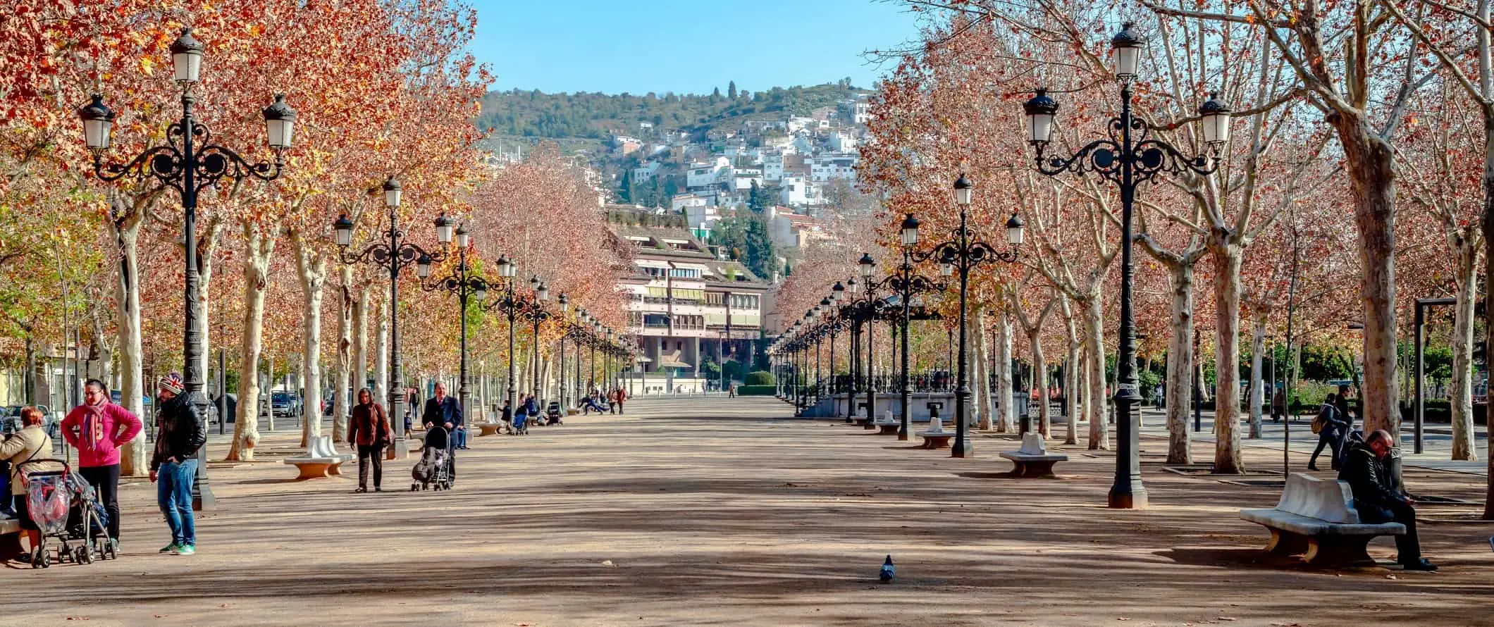 İspanya'nın Granada kentinde sıcak bir günde geniş bir yolda yürüyen ve bisiklete binen insanlar