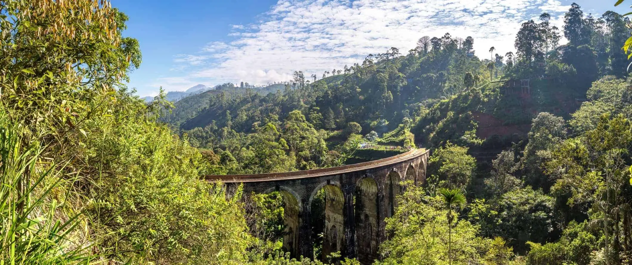 Isang maliwanag na asul na kalangitan sa ibabaw ng tulay ng Nine Arches na dumadaan sa kagubatan sa Sri Lanka