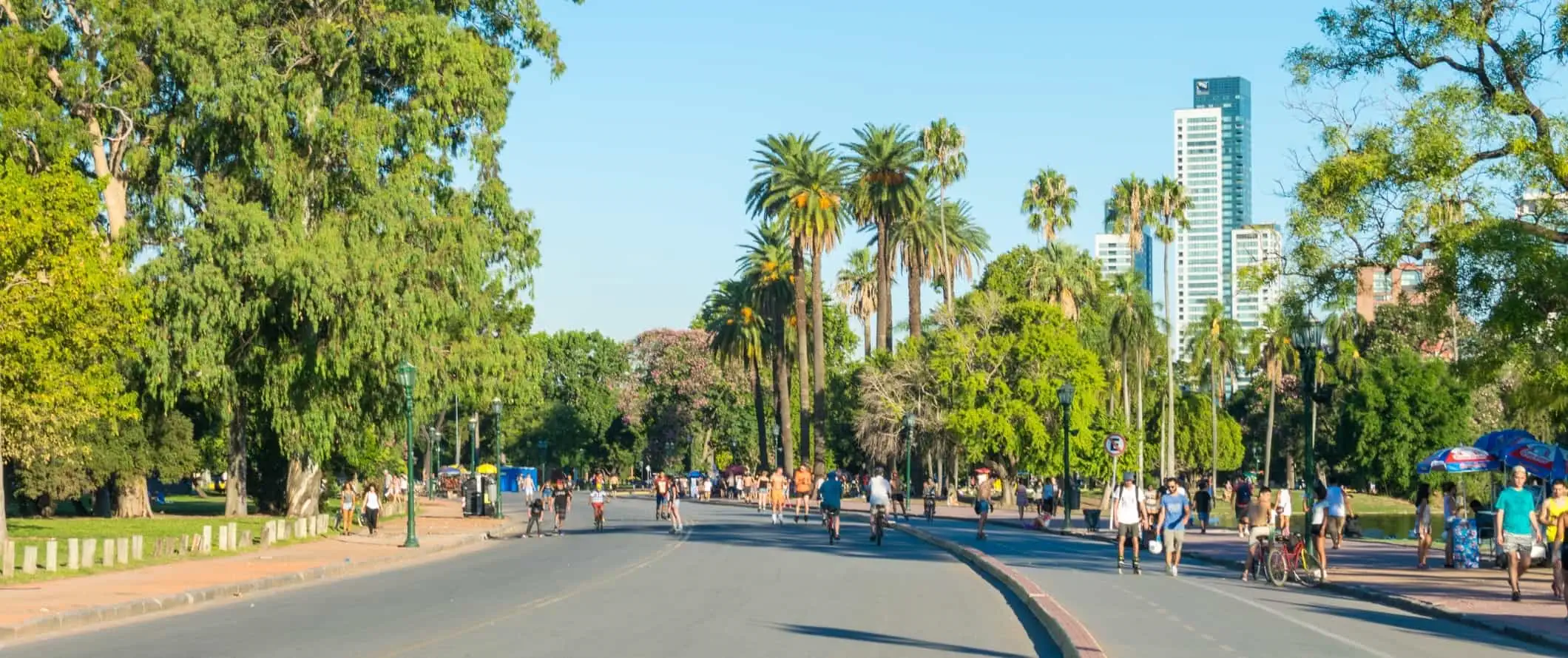 Folk går og kjører rulleskøyter gjennom en park fylt med palmer i Buenos Aires, Argentina