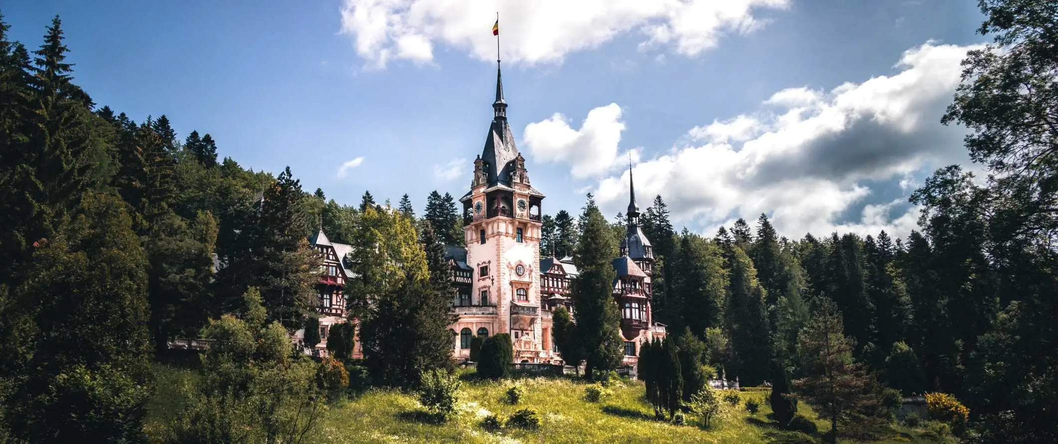 Het sprookjesachtige kasteel Peles, omgeven door bomen, in Roemenië.