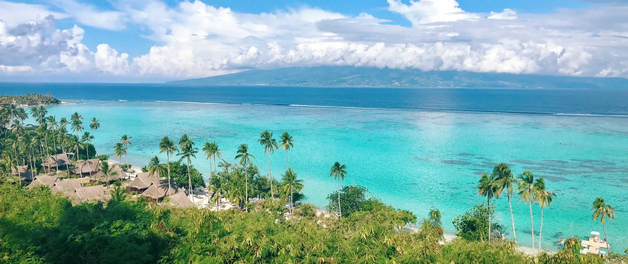 Luchtfoto van een met palmbomen omzoomd strand en de heldere, helder turquoise wateren van Frans-Polynesië