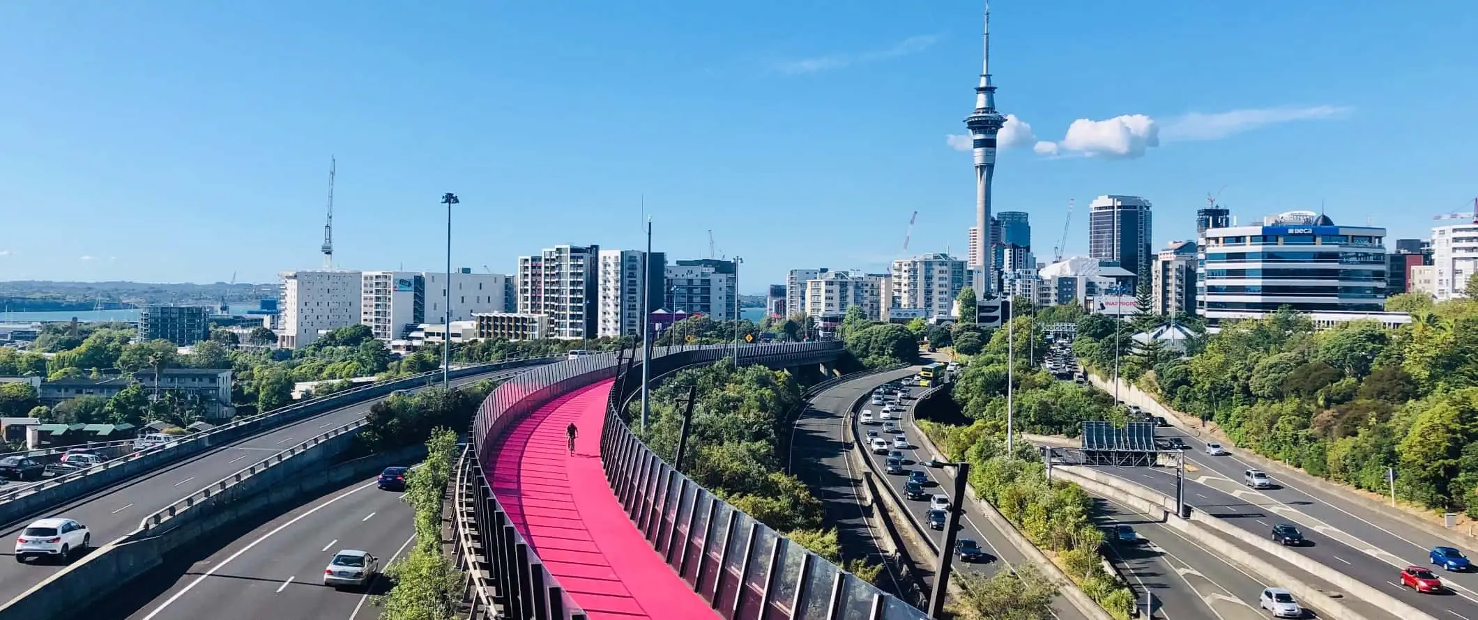 Plusieurs autoroutes et autoroute cyclable rose à Auckland, en Nouvelle-Zélande.