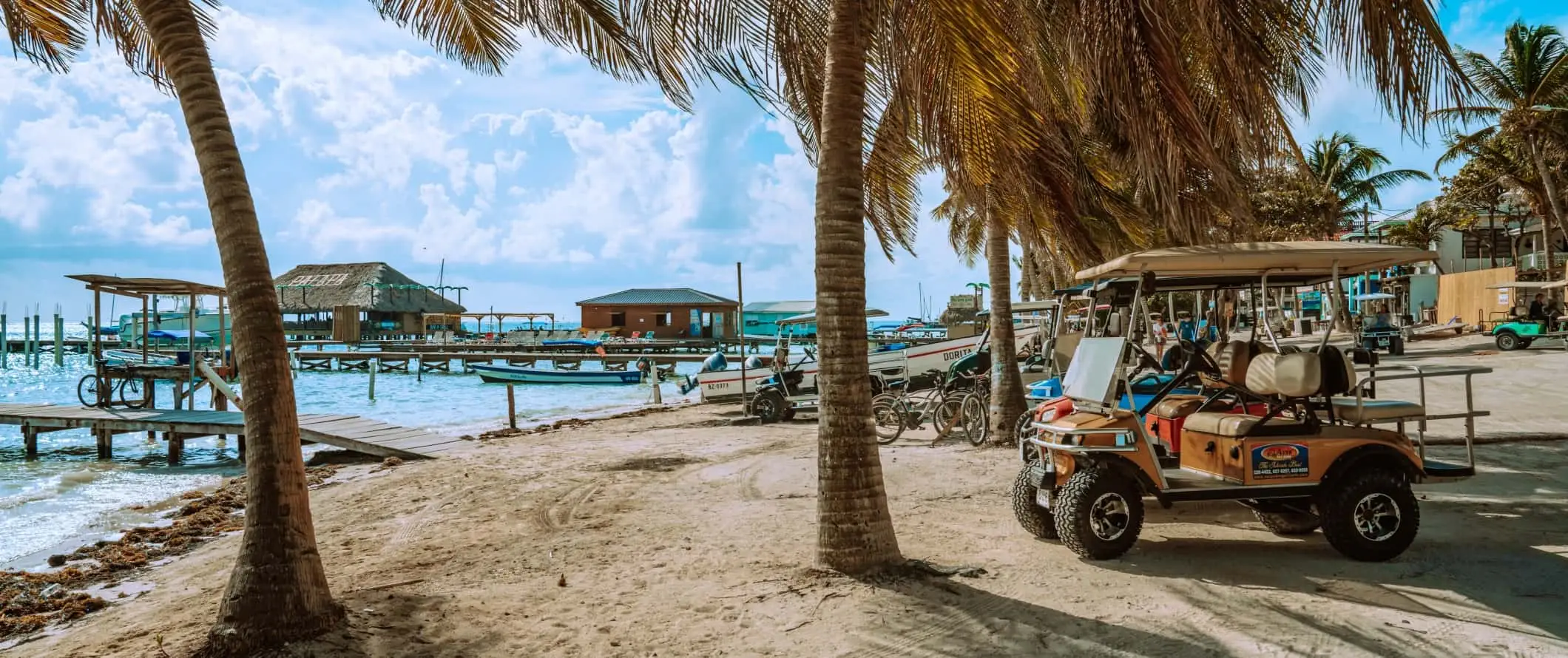 Kereta golf di bawah pohon palem di pantai di Belize