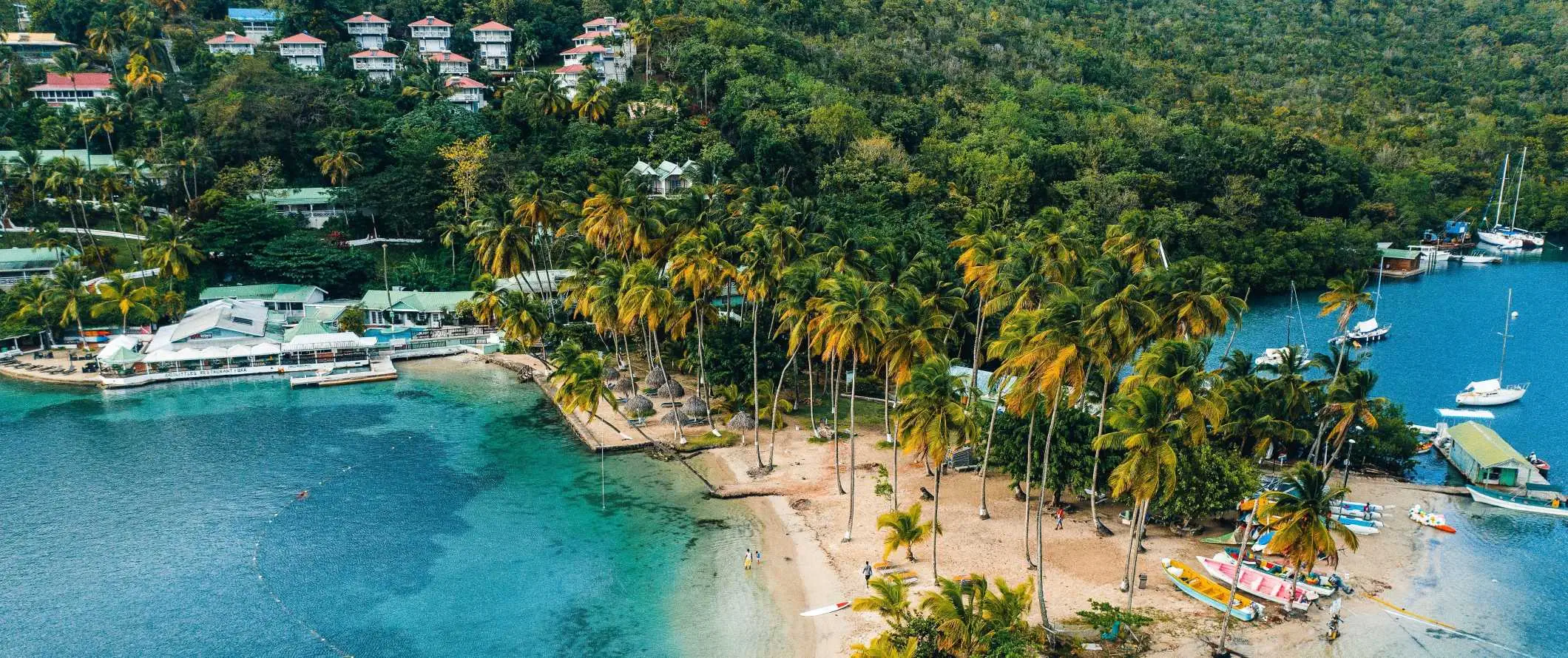 Drönarevy över en liten turkos vik med båtar längs den palmkantade stranden och hus undangömt i Saint Lucias lummiga sluttningar