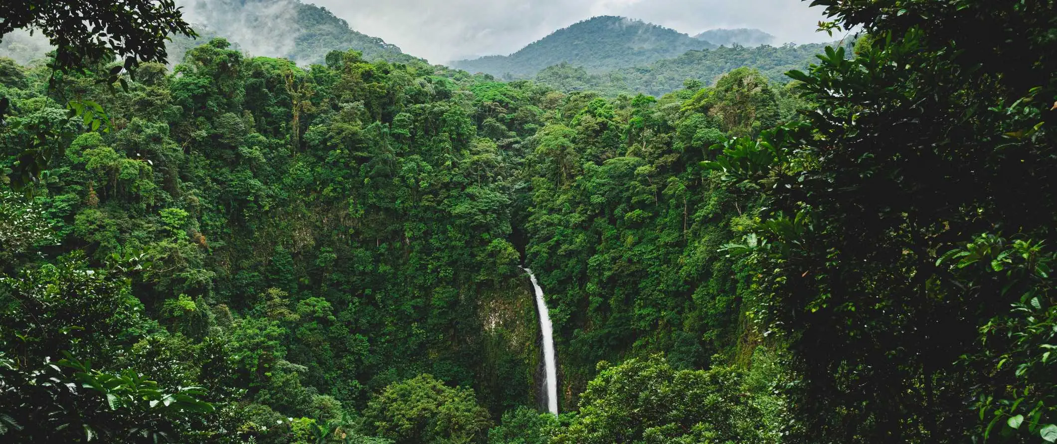 Air terjun La Fortuna yang terkenal mengalir melalui hutan hijau terang berhampiran Arenal di Costa Rica