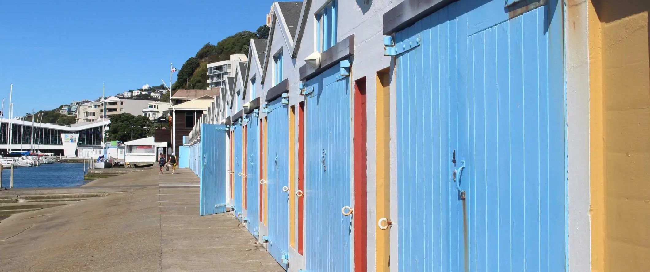 Bot berwarna terang dan pondok simpanan di sepanjang hadapan pelabuhan di Wellington, New Zealand.