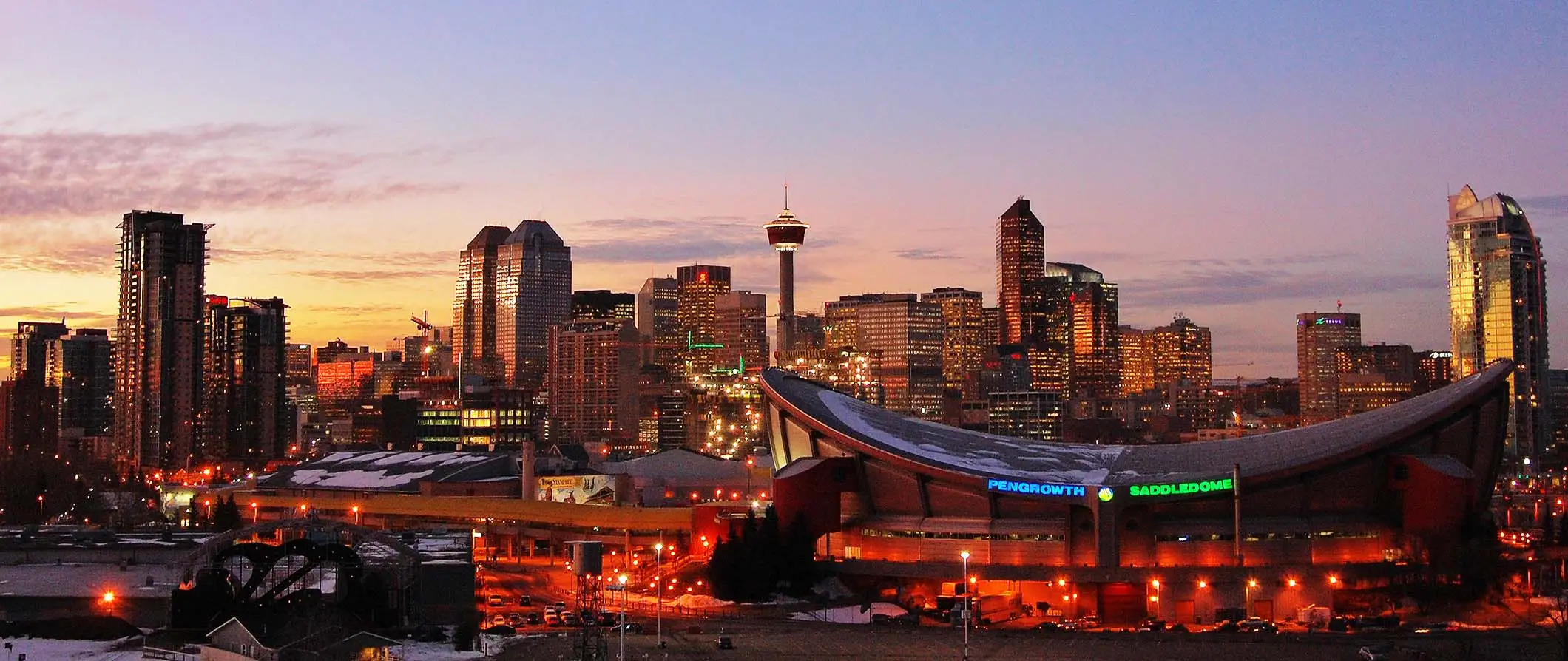 Panorama Calgary, Kanada při západu slunce