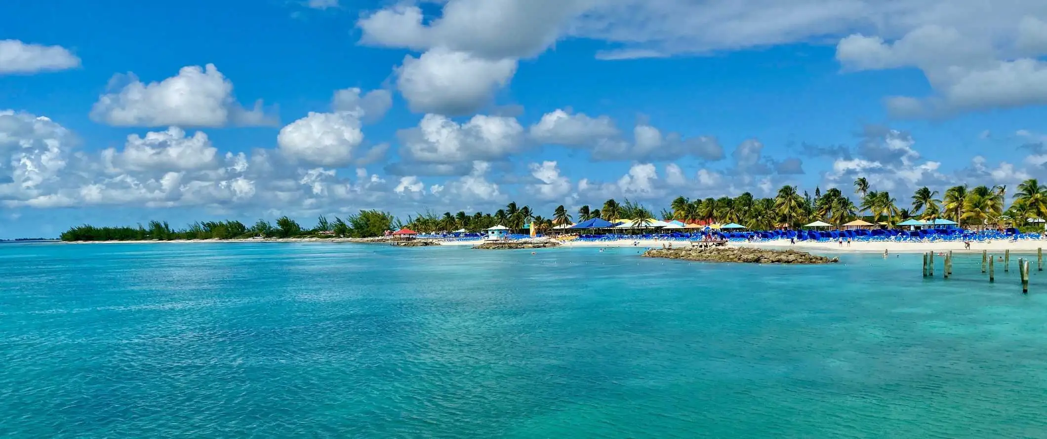 Cabanes le long de la plage bordées de palmiers aux Bahamas