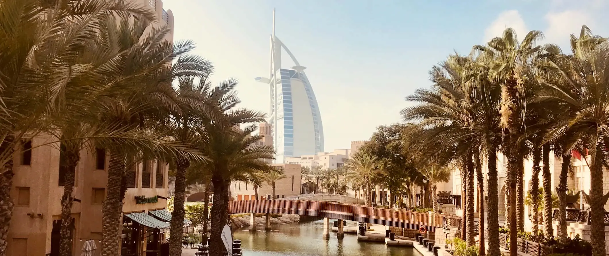 Bomen langs een smalle waterweg met torenhoge gebouwen op de achtergrond in Dubai