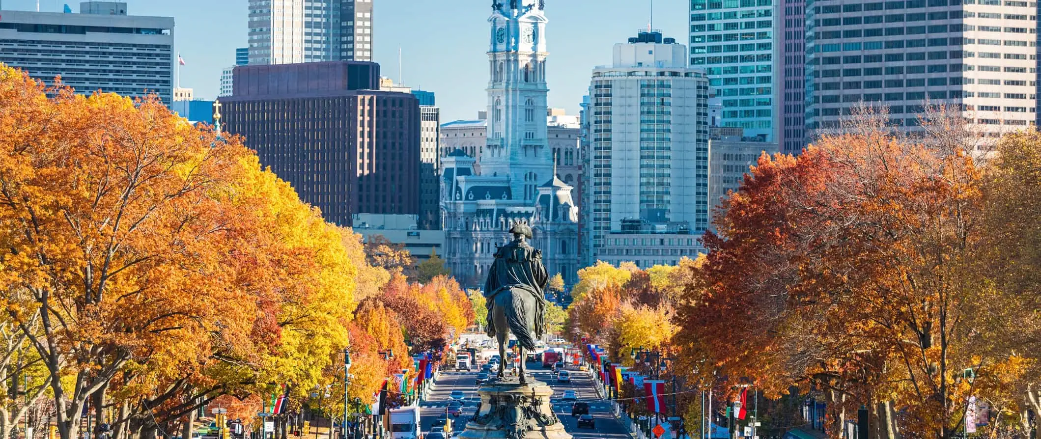 Een standbeeld van William Penn in de bus in het centrum van Philadelphia, VS