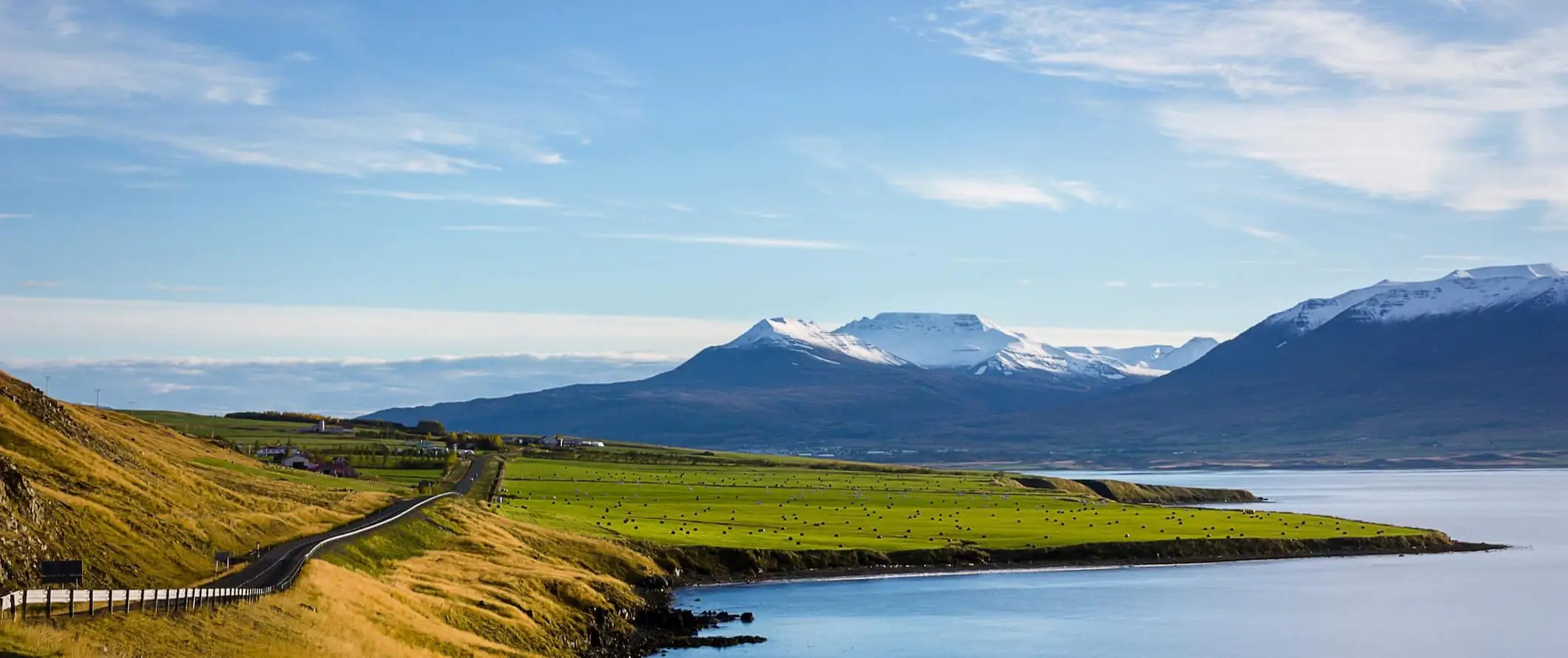 Zvlnené kopce a polia pozdĺž kľukatej cesty na krásnom Islande